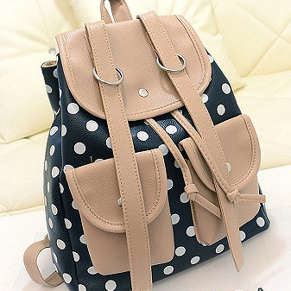 Polka Dot Block Backpack Double Pockets Preppy Style Casual Student Bag Backpack